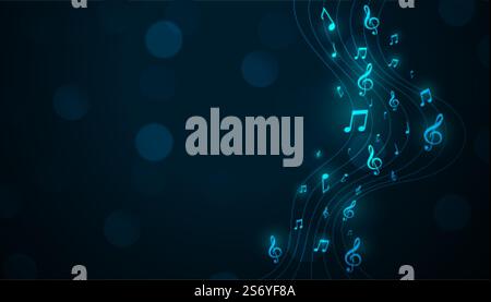 glowing musical pentagram background with sound notes Stock Vector