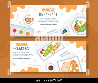 Breakfasts Horizontal Banner Template Flat Cartoon Background Vector Illustration Stock Vector
