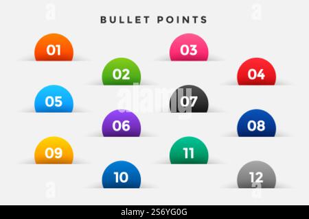 bullet points numbers set in half circle style Stock Vector