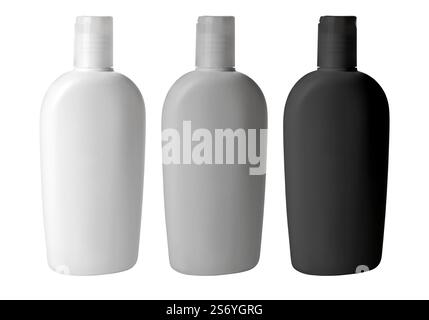 close up of a three cosmetic bottles on white background Stock Photo
