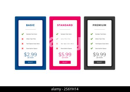 web plans and pricing comparison boxes template Stock Vector