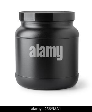 Sport Nutrition, Whey Protein and Gainer. Black Plastic Jars isolated on white background with clipping path Stock Photo