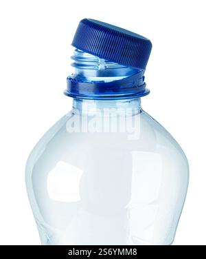 Close up of new cap attached to plastic bottle, connected to the neck of the bottle by solid tab attached to safety ring. Stock Photo