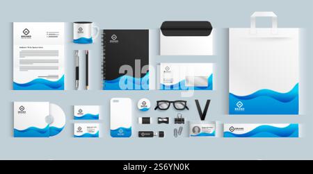 blue wavy business brand stationery design set Stock Vector