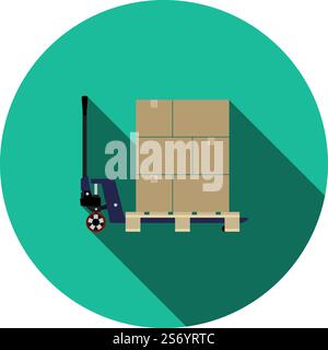 Hand Hydraulic Pallet Truc With Boxes Icon. Flat Circle Stencil Design With Long Shadow. Vector Illustration. Stock Vector