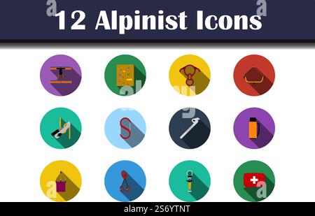 Alpinist Icon Set. Flat Design With Long Shadow. Vector illustration. Stock Vector