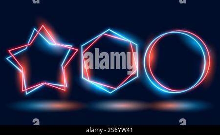 three neon frames in different geometric shapes Stock Vector