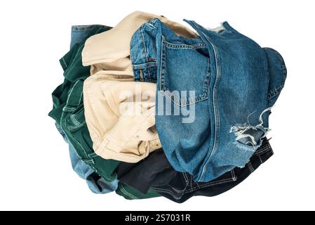 Blue and color jeans isolated on white background, jeans stacked, recycle, clipping path included Stock Photo