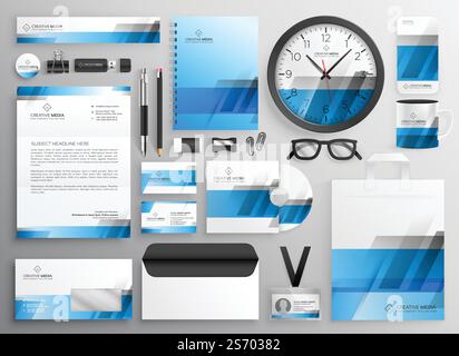professional blue business stationery items set Stock Vector