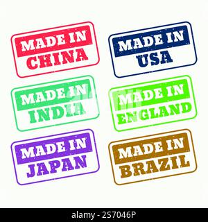 set of rubber stamps for made in china, usa, india, japan, england and brazil Stock Vector