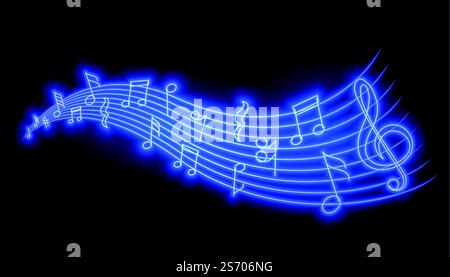 musical pentagram sound waves notes in blue neon style Stock Vector