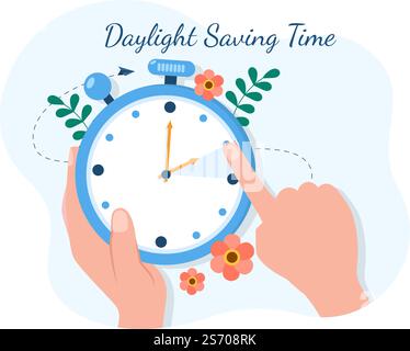 Daylight Savings Time Hand Drawn Flat Cartoon Illustration with Alarm Clock or Calendar from Summer to Spring Forward Design Stock Vector