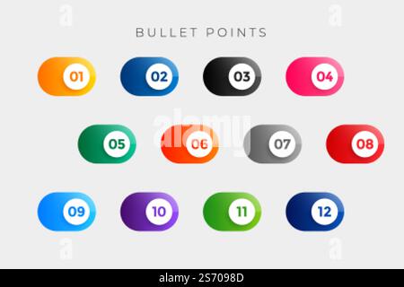 bullet points numbers in button style from one to twelve Stock Vector