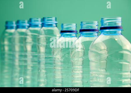 Set of open plastic bottles standing in line Stock Photo