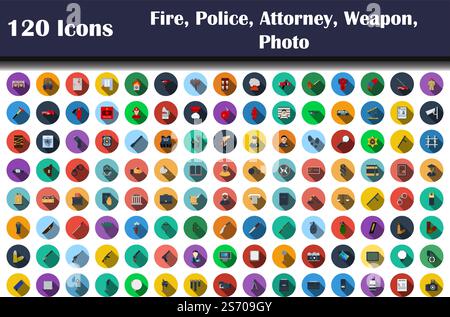 120 Icons Of Fire, Police, Attorney, Weapon, Photo. Flat Design With Long Shadow. Vector illustration. Stock Vector