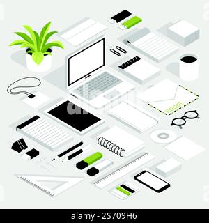 Stationary isometric white set with notebook smartphone glasses badge envelope floppy disk and other office supplies isolated elements vector illustration  . Stationary Isometric White Set Stock Vector