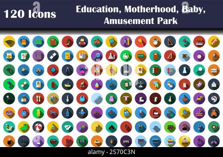 120 Icons Of Education, Motherhood, Baby, Amusement Park. Flat Design With Long Shadow. Vector illustration. Stock Vector
