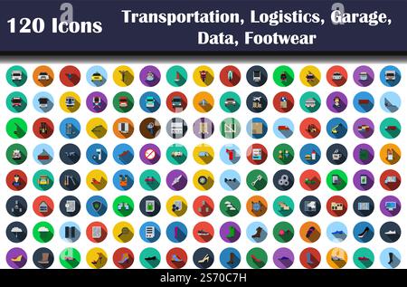 120 Icons Of Transportation, Logistics, Garage, Data, Footwear. Flat Design With Long Shadow. Vector illustration. Stock Vector
