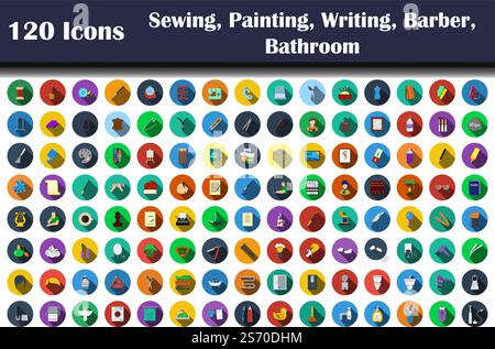 120 Icons Of Sewing, Painting, Writing, Barber, Bathroom. Flat Design With Long Shadow. Vector illustration. Stock Vector
