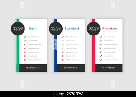 plans and pricing comparision template for websites and app Stock Vector