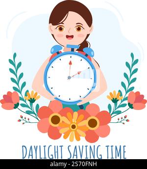 Daylight Savings Time Hand Drawn Flat Cartoon Illustration with Alarm Clock or Calendar from Summer to Spring Forward Design Stock Vector