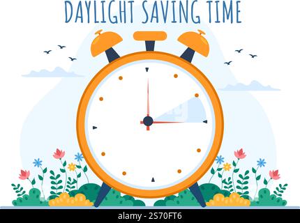 Daylight Savings Time Hand Drawn Flat Cartoon Illustration with Alarm Clock or Calendar from Summer to Spring Forward Design Stock Vector