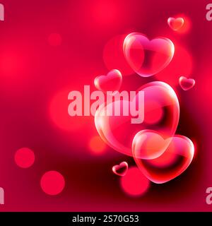beautiful love hearts bubbles floating in air on red bokeh background Stock Vector