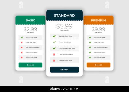 web comparision boxes for plans and pricing Stock Vector