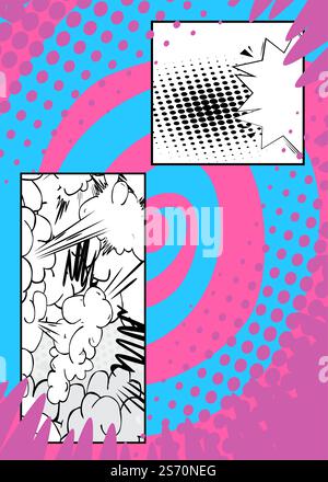 Cartoon blue, pink and white colored background, comic book vibrant backdrop. Retro vector comics pop art design. Stock Vector