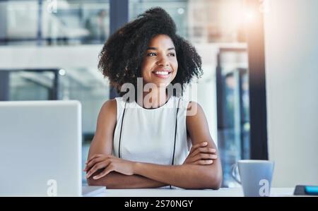 Black woman, smile and accountant thinking in office for daydreaming or career growth in company. Professional, break or happy African accounting Stock Photo