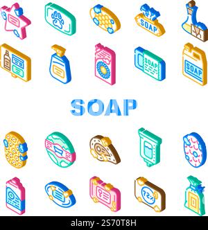 soap bar bath body care beauty icons set vector. bathroom hygiene, natural spa, organic shower, foam product, wash cosmetic, handmade soap bar bath body care beauty isometric sign illustrations. soap bar bath body care beauty icons set vector Stock Vector