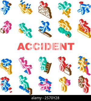 accident injury man person icons set vector. human car crash, fail safety, road danger, slip caution, work risk traffic accident injury man person isometric sign illustrations. accident injury man person icons set vector Stock Vector