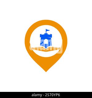Castle book with pin pointer vector logo design. Unique bookstore, library and fortress logotype design template. Stock Vector