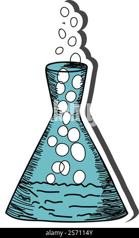 Chemistry flask sticker with shadow on education theme. Back to school. Vector illustration. Stock Vector