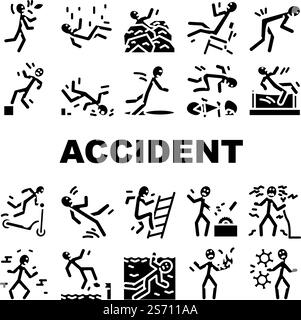 accident injury man person icons set vector. human car crash, fail safety, road danger, slip caution, work risk traffic accident injury man person glyph pictogram Illustrations. accident injury man person icons set vector Stock Vector