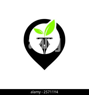 Leaf and pen logo design. Education and writer community Logo. Pin with leaf and nab icon design. Stock Vector