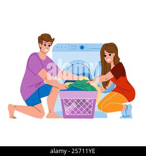 couple doing laundry vector. woman clothes, man family, people home, machine house, lifestyle washing couple doing laundry character. people flat cartoon illustration. couple doing laundry vector Stock Vector