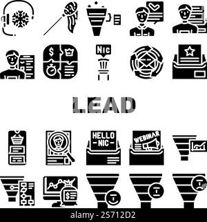 lead generation customer business icons set vector. funnel marketing, digital inbound conversion, client magnet strategy, website sales lead generation customer business glyph pictogram Illustrations. lead generation customer business icons set vector Stock Vector