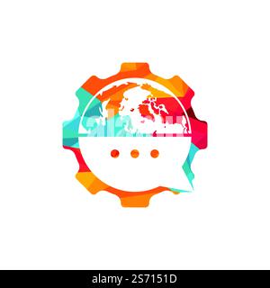 World chat vector logo design. Globe logo with bubble talk and gear icon. Stock Vector
