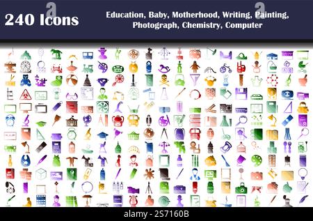 240 Icons Of Education, Baby, Motherhood, Writing, Painting, Photograph, Chemistry, Computer. Flat Color Ladder Design. Vector Illustration. Stock Vector