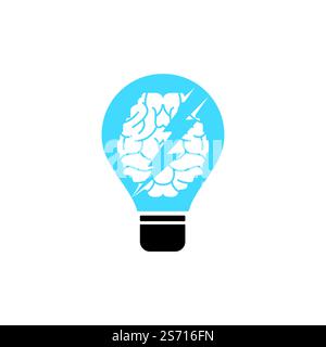 Thunder brain vector logo design. Brain with thunder and light bulb logo icon. Stock Vector