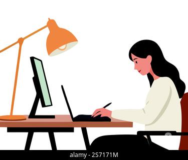 A clean and minimalistic vector illustration of a woman working at a desk. She is sitting on a chair and is focused on her work Stock Vector