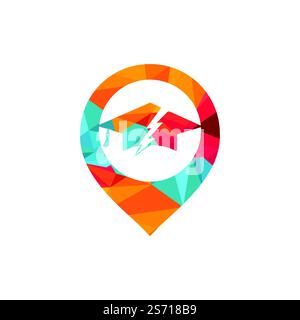 Flash student vector logo template. Graduation cap with thunder and pin pointer icon. Stock Vector