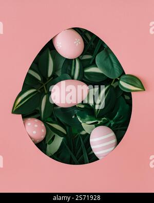 Spring composition with pink colored Easter eggs and green leaves visible through an egg shaped gap on pink background. Minimal Easter concept. Stock Photo