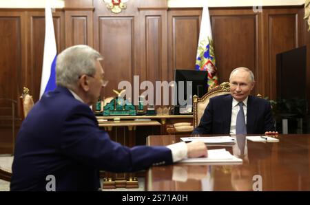 Moscow, Russia. 18th Jan, 2025. Russian President Vladimir Putin, right, listens to the National Medical Research Centre for Endocrinology Ivan Dedov, left, during a one-on-one meeting at the Kremlin, January 18, 2025 in Moscow, Russia. Credit: Gavriil Grigorov/Kremlin Pool/Alamy Live News Stock Photo