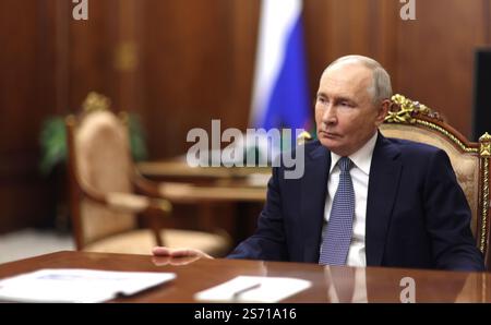 Moscow, Russia. 18th Jan, 2025. Russian President Vladimir Putin, listens to the National Medical Research Centre for Endocrinology Ivan Dedov, during a one-on-one meeting at the Kremlin, January 18, 2025 in Moscow, Russia. Credit: Gavriil Grigorov/Kremlin Pool/Alamy Live News Stock Photo