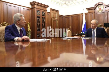 Moscow, Russia. 18th Jan, 2025. Russian President Vladimir Putin, right, listens to the National Medical Research Centre for Endocrinology Ivan Dedov, left, during a one-on-one meeting at the Kremlin, January 18, 2025 in Moscow, Russia. Credit: Gavriil Grigorov/Kremlin Pool/Alamy Live News Stock Photo