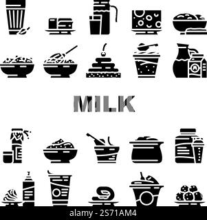 milk product dairy food yogurt icons set vector. drink healthy, white cream, organic cheese, bottle fresh, nutrition farm, glass, cow milk product dairy food yogurt glyph pictogram Illustrations. milk product dairy food yogurt icons set vector Stock Vector