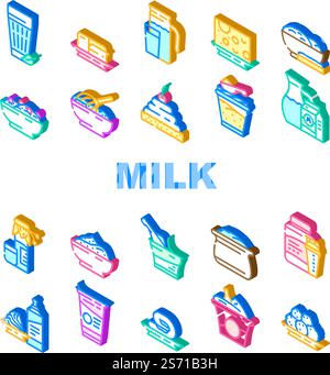 milk product dairy food yogurt icons set vector. drink healthy, white cream, organic cheese, bottle fresh, nutrition farm, glass, cow milk product dairy food yogurt isometric sign illustrations. milk product dairy food yogurt icons set vector Stock Vector