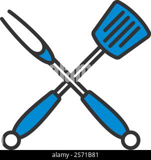 Crossed Frying Spatula And Fork Icon. Editable Bold Outline With Color Fill Design. Vector Illustration. Stock Vector